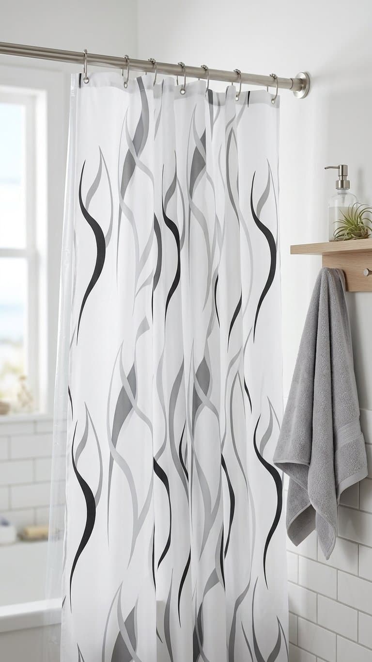 Cortina de baño Caresse con ondas grises y negras en un baño luminoso